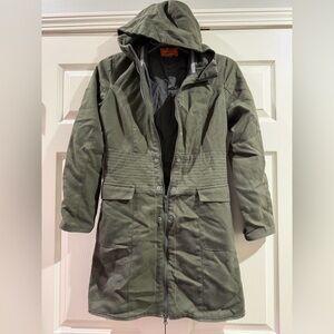 MERRELL Women's Coat Sz Small Full Zip Hooded Mid Length Olive Green